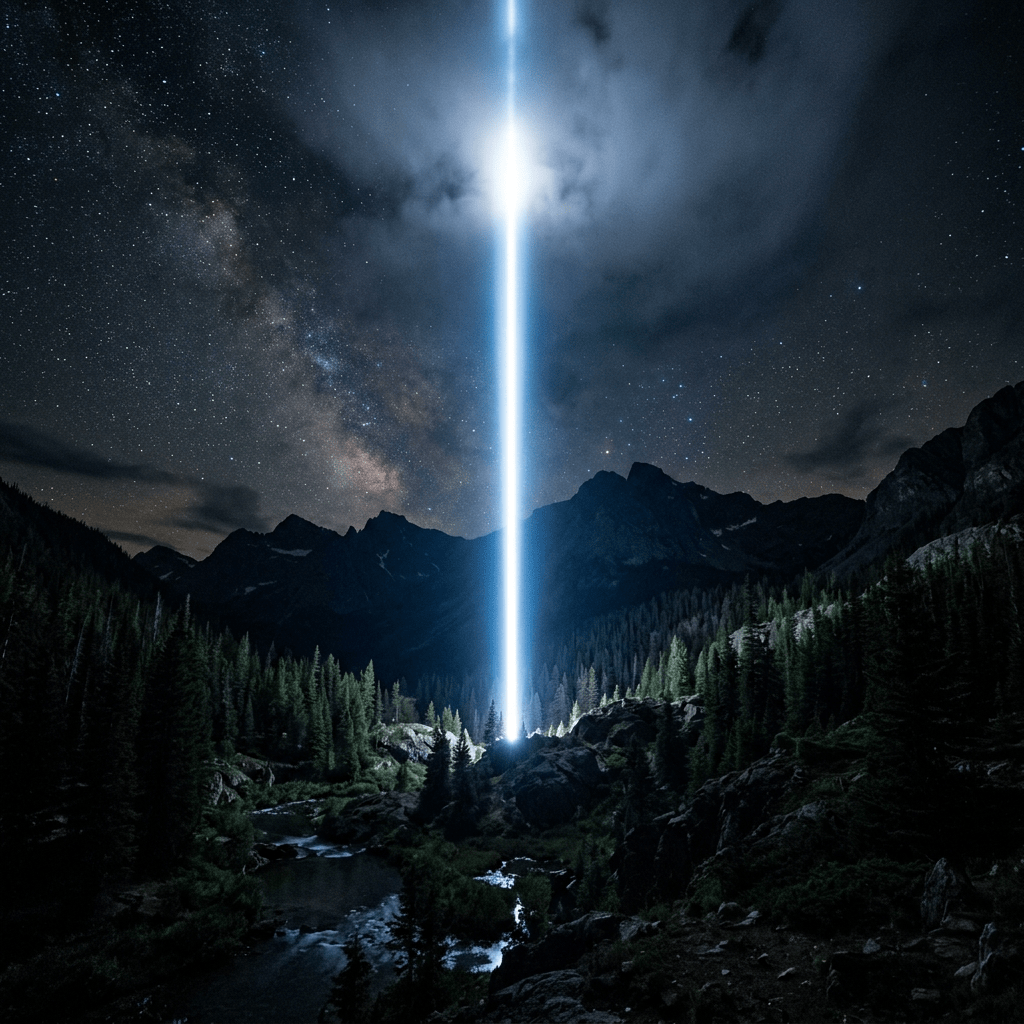 Bright vertical beam of light illuminating forested valley and mountains at night with stars