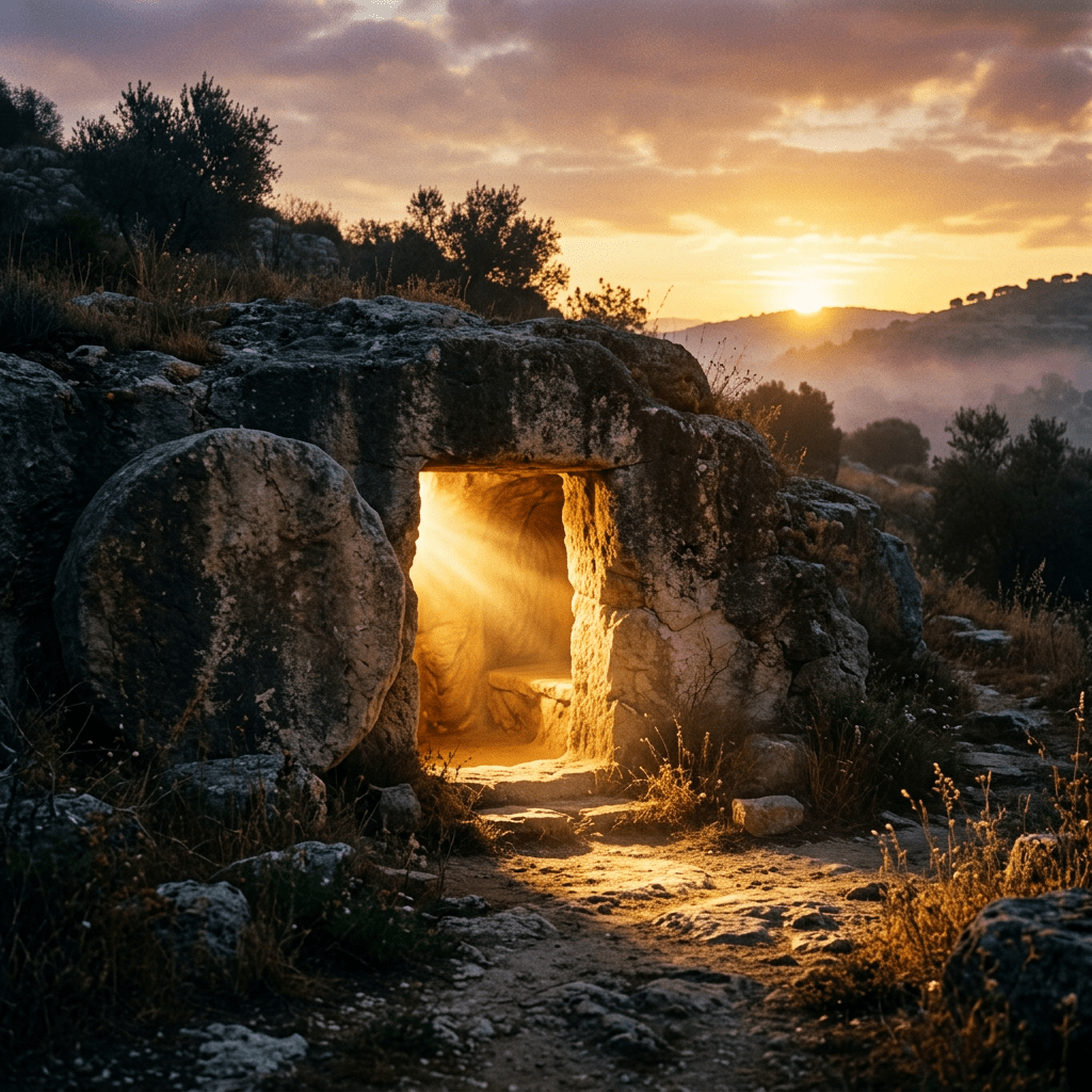 Sunlight shining through the entrance of an ancient stone tomb at sunrise