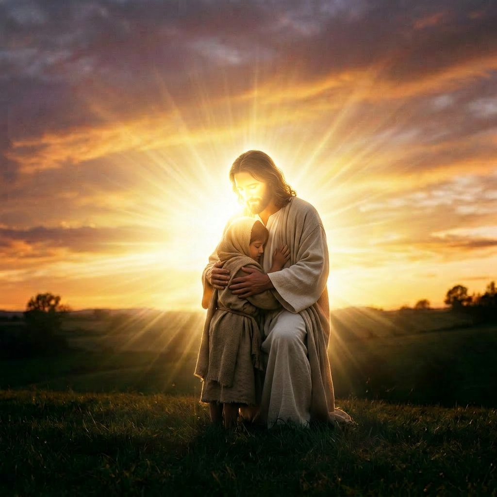 Silhouetted adult and child embracing under a blanket during sunset