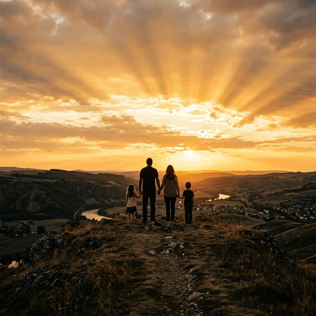 Family of four holding hands facing a sunset over a river and hills