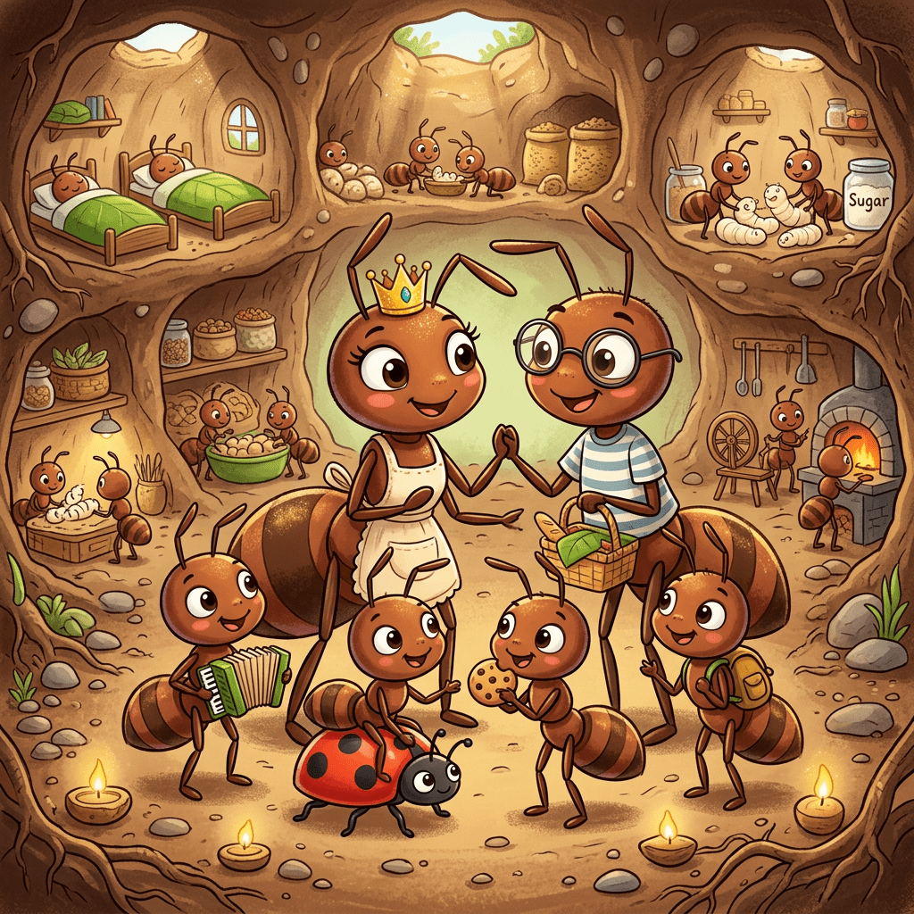 Anthropomorphic ants in an underground home interacting happily with food, music, and chores