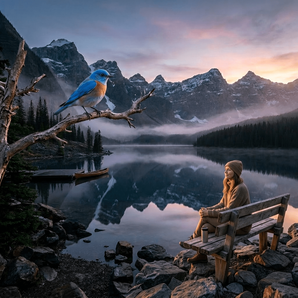 Calm lake reflecting snow-covered mountain peaks and misty forest at sunrise