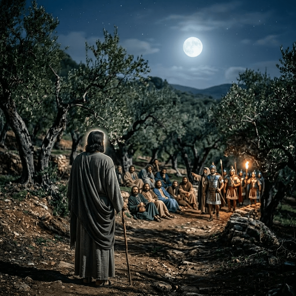 Person with cane walking on a dirt path among olive trees under a full moon