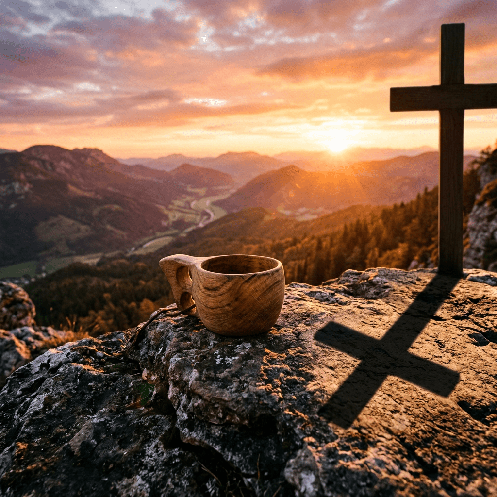 Wooden cup on rock near cross with mountain valley sunrise