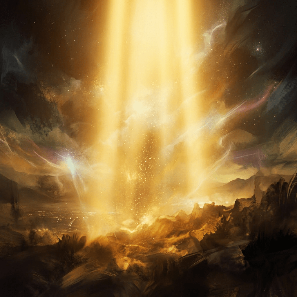 Golden energy beam hitting rocky ground under a star-filled night sky
