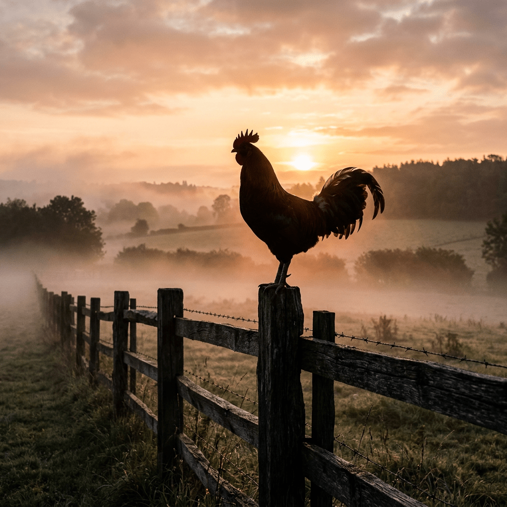Rooster standing on wooden fence post with sunrise and misty countryside in background