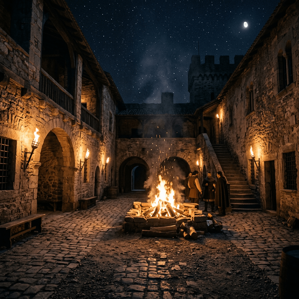 Three people standing near a bonfire in a stone castle courtyard at night with torches and a starry sky