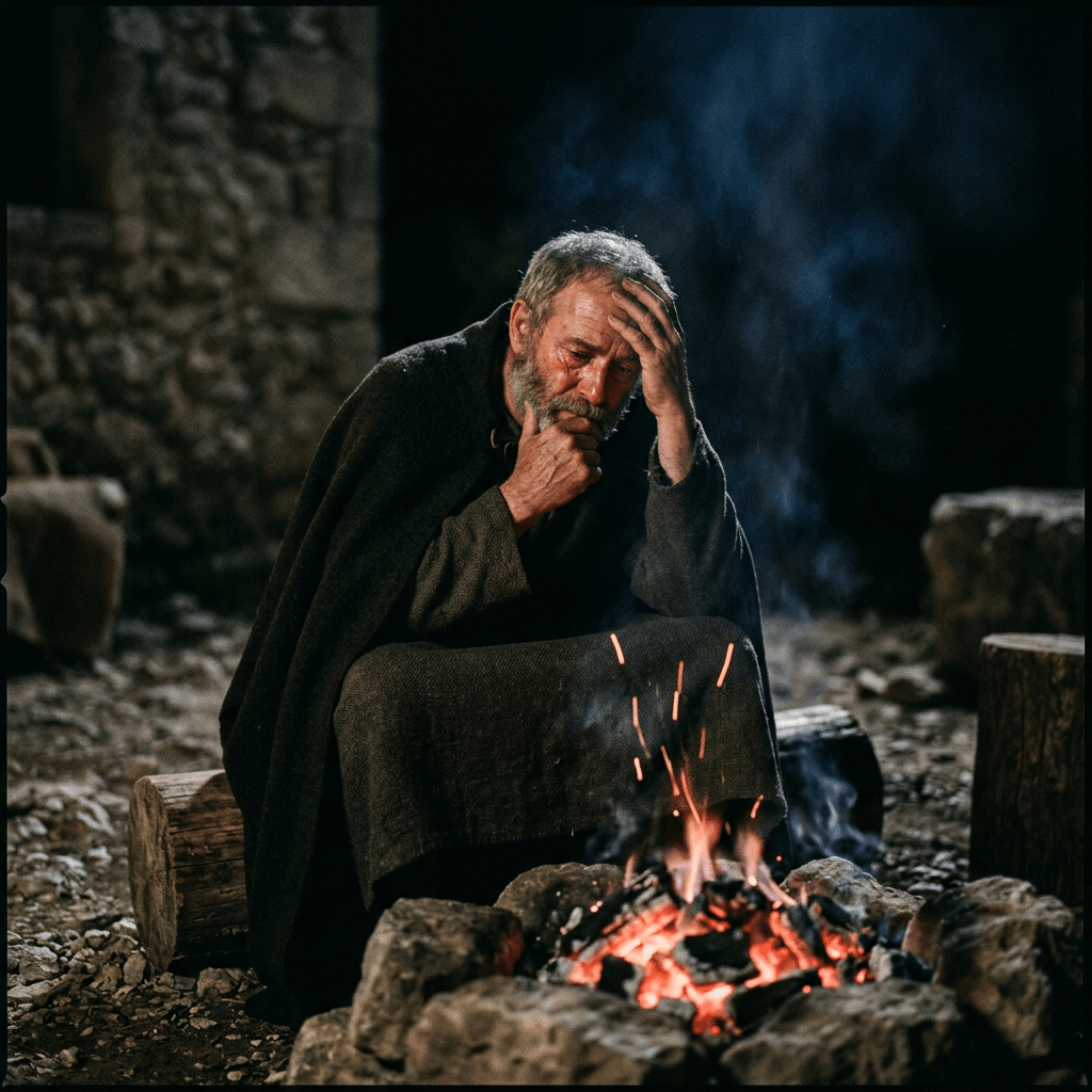 Elderly man with gray hair and beard sitting on a log, resting head on hand, looking contemplative near a campfire