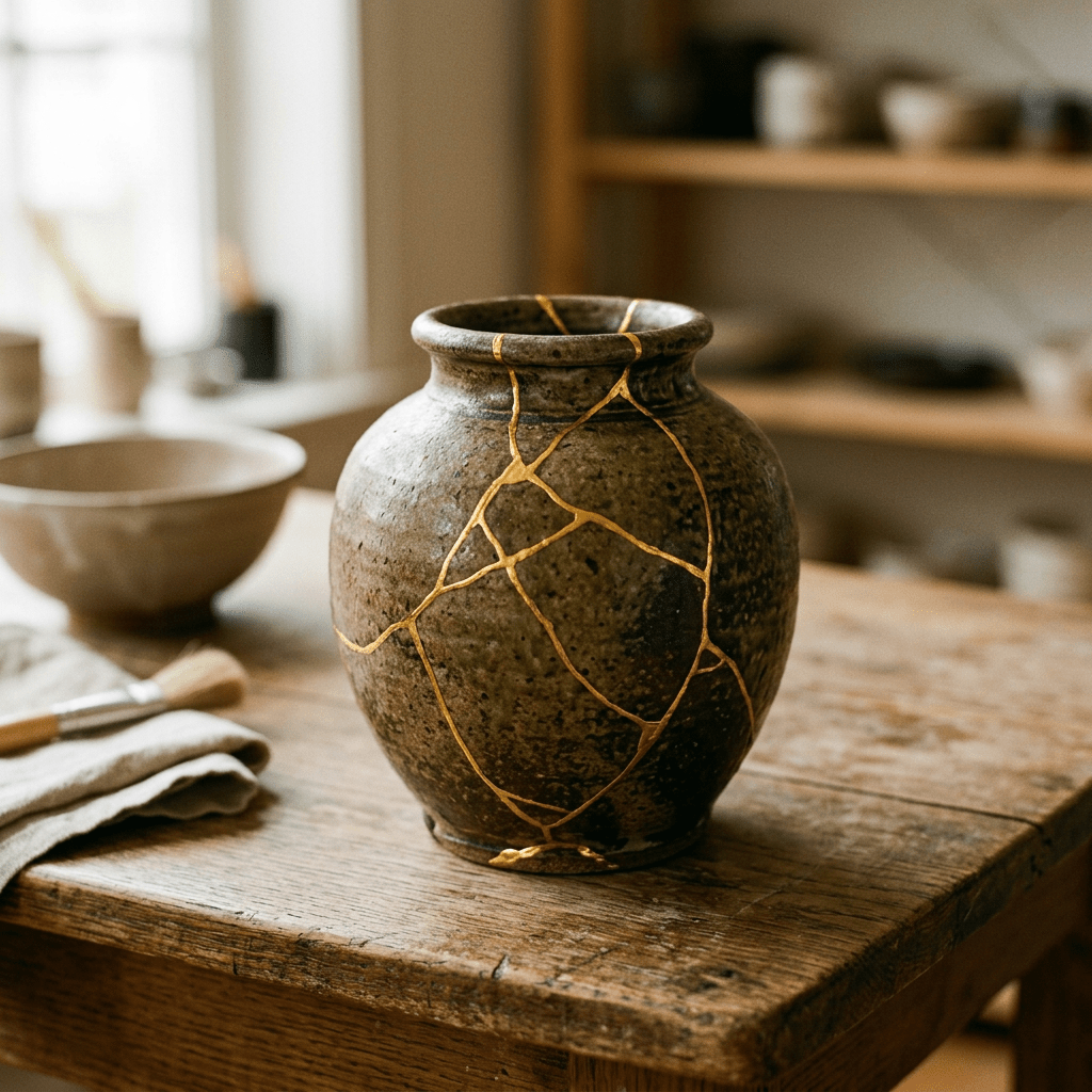 Ceramic vase with gold kintsugi repair lines on wooden table