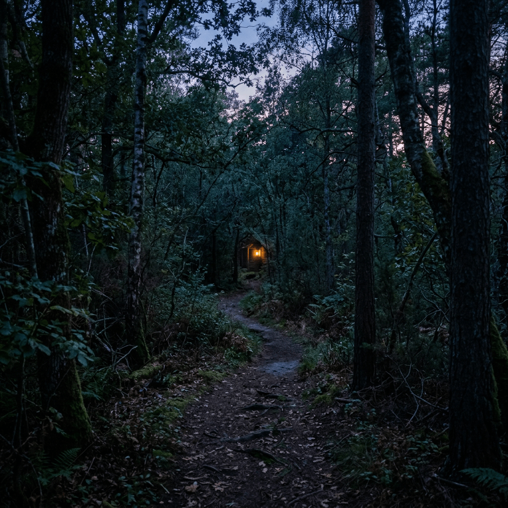 Forest path leading to a cabin with a glowing window at dusk