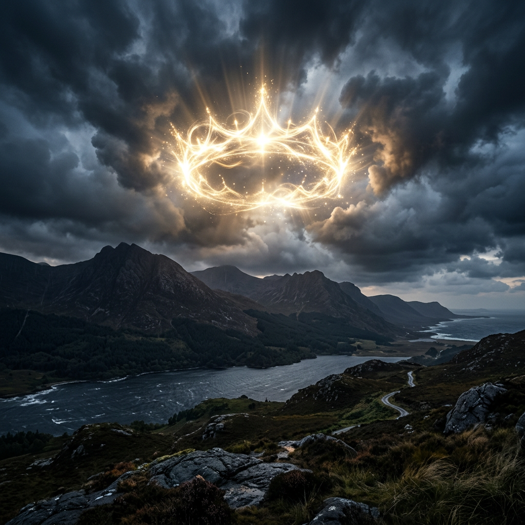 Glowing golden crown levitating over dark mountains and river under stormy clouds