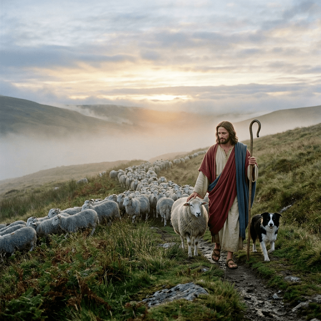 Shepherd and dog herding sheep on misty hillside trail