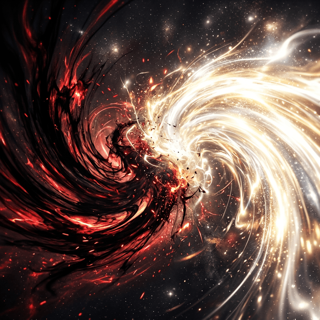 Swirling black red versus white gold light abstract
