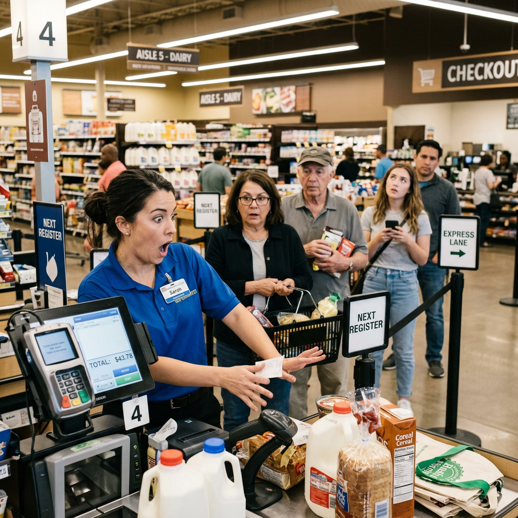 Surprised grocery store cashier reacting at checkout with customers waiting in line
