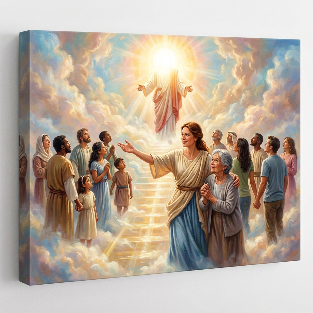 Jesus in radiant light with people ascending stairway through clouds