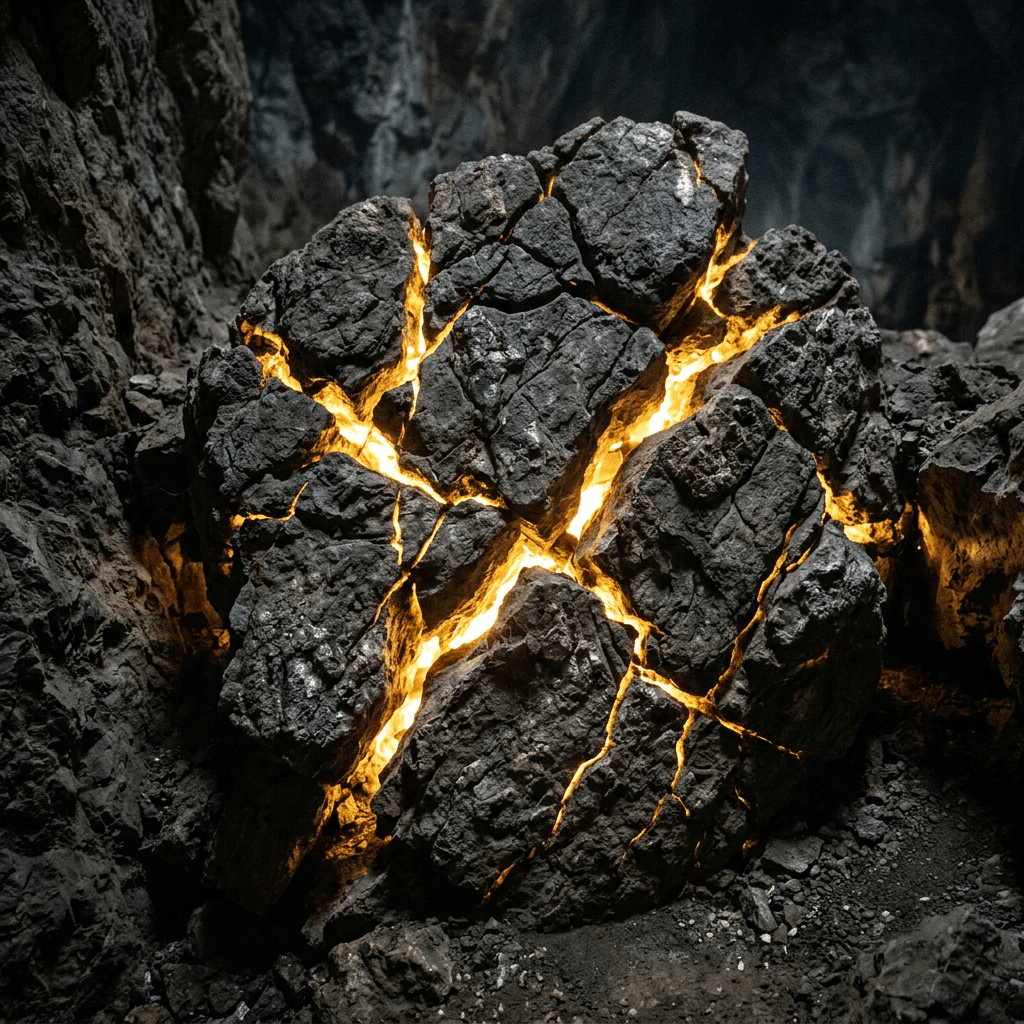 Cracked volcanic rock emitting glowing fiery light inside a dark cave