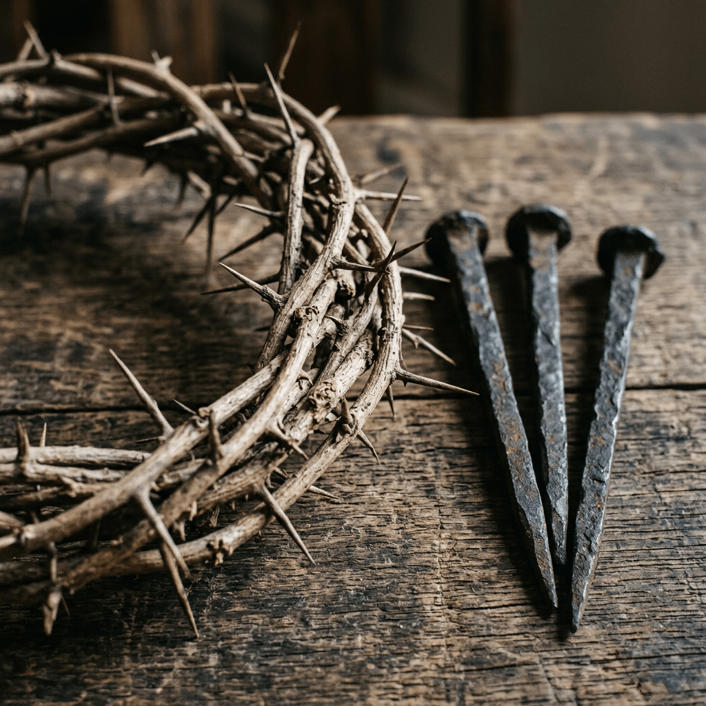 Crown of thorns and three rusty iron nails on wood