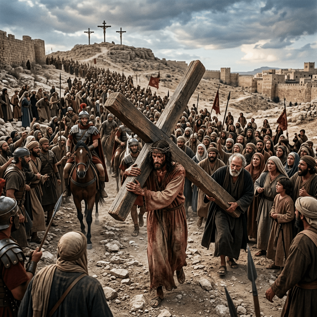 Man wearing crown of thorns carrying a large wooden cross with crowd and soldiers around