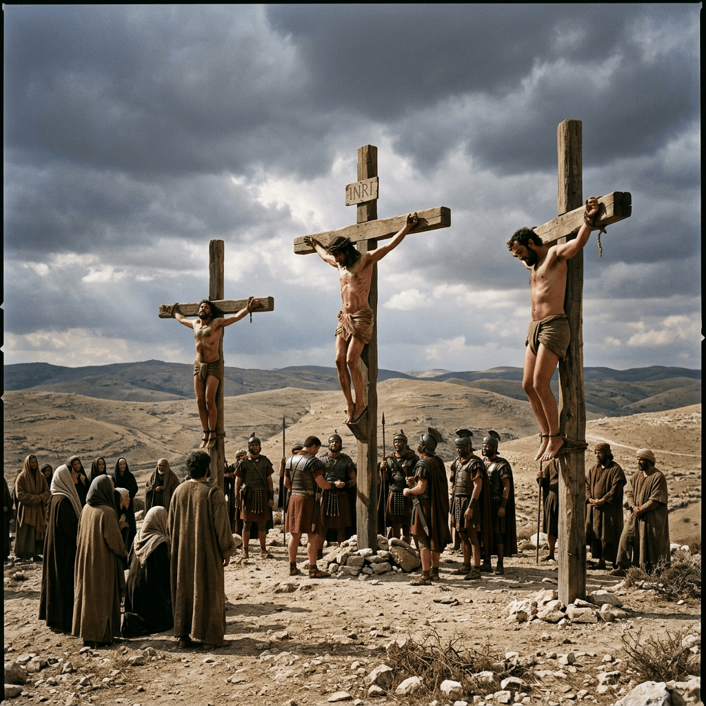 Three men crucified on crosses with surrounding crowd and Roman soldiers