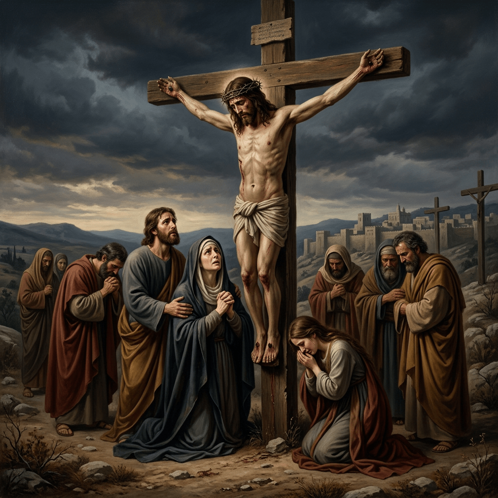 Jesus crucified on a wooden cross with mourners below, dark cloudy sky