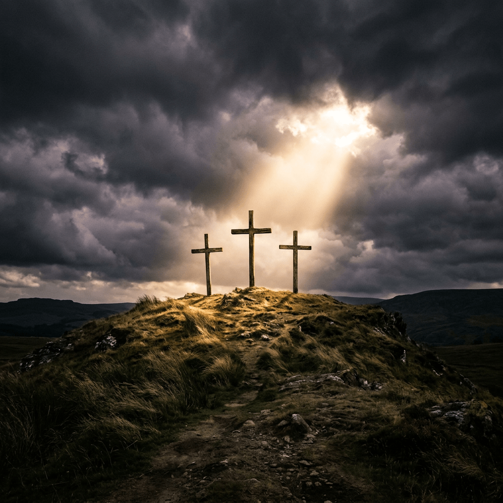 Three wooden crosses on a grassy hill illuminated by sunlight with dark stormy clouds above