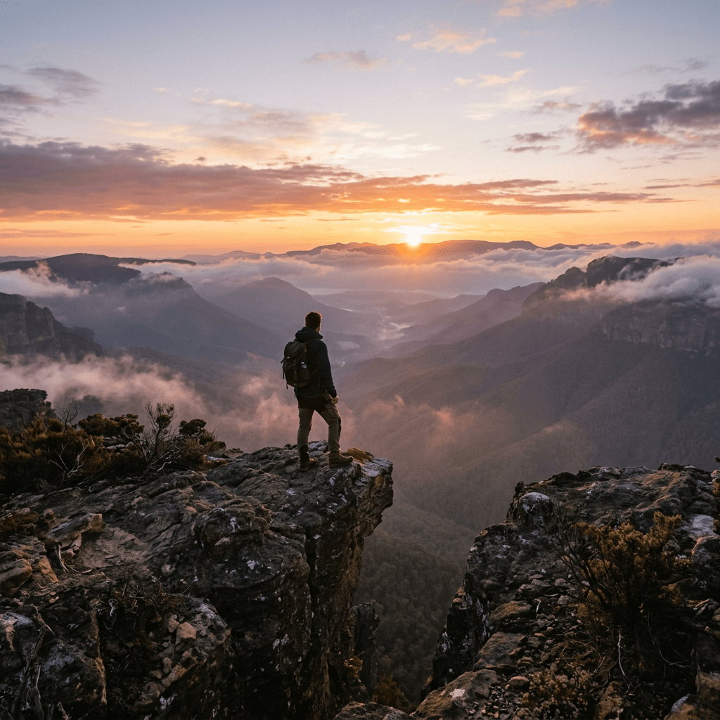 Hiker standing on a rocky cliff overlooking a misty mountain valley at sunrise