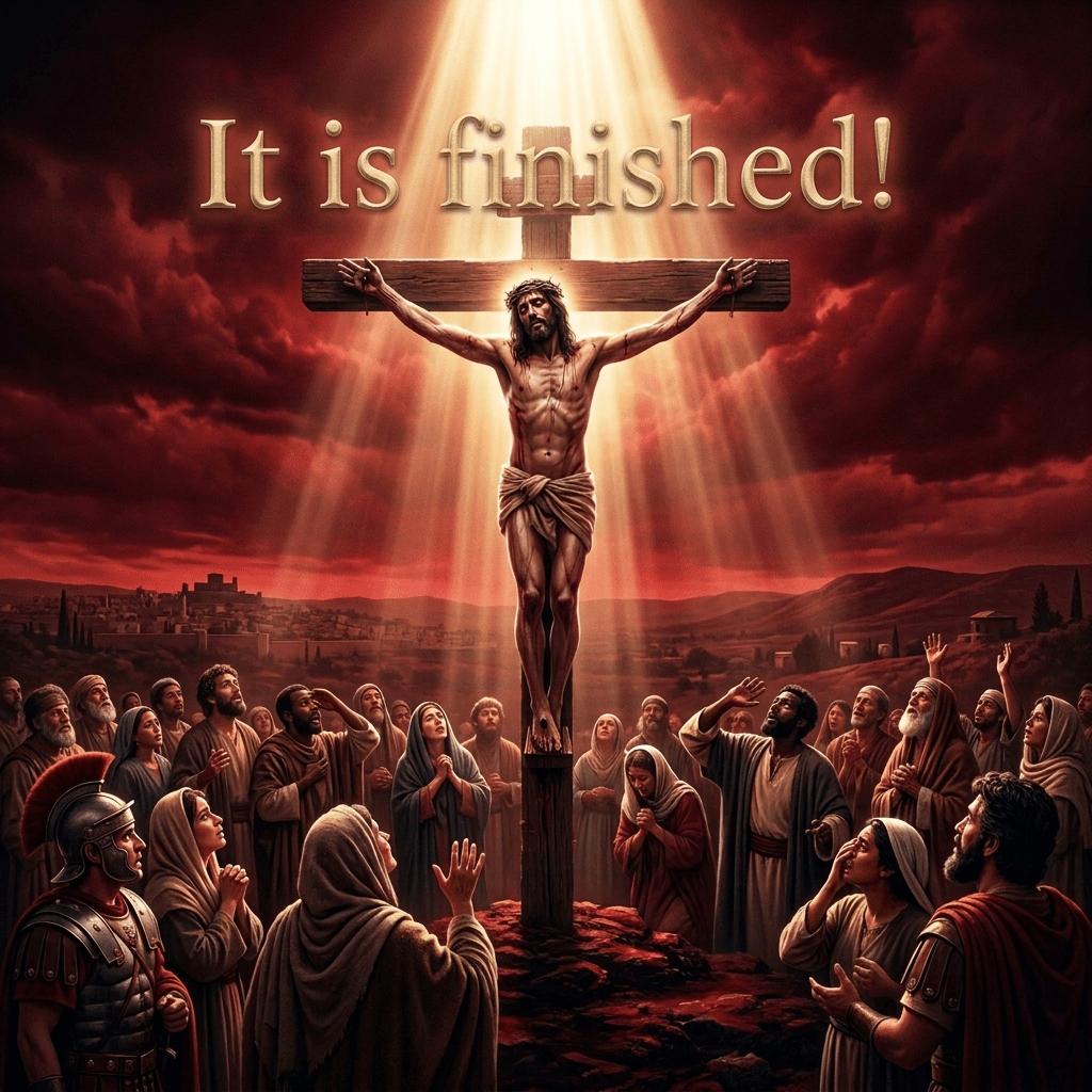 Jesus Christ on the cross surrounded by a crowd with rays of light shining down