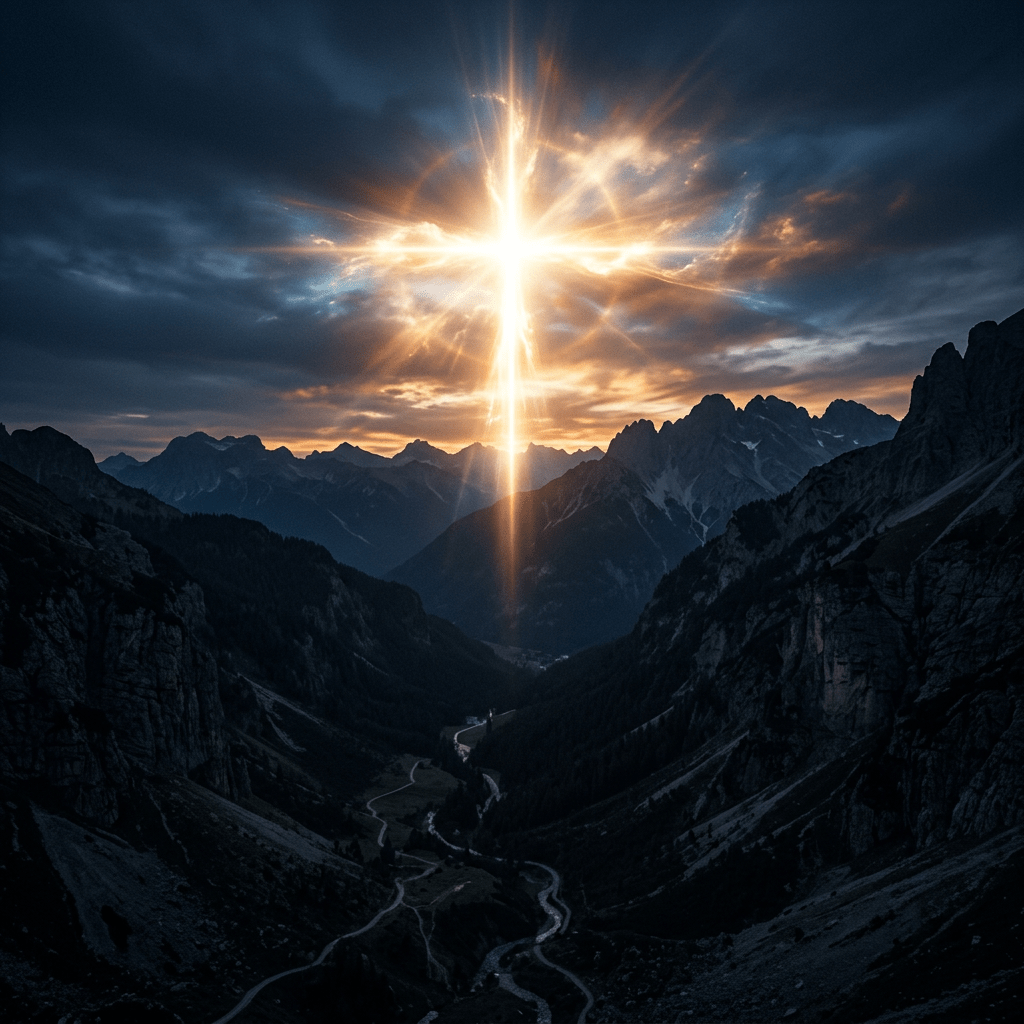Bright glowing cross-shaped light over mountain valley with winding road at sunset