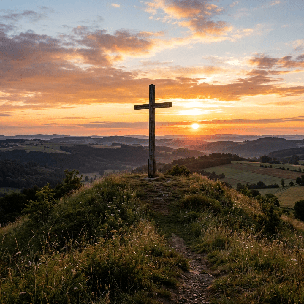 Wooden cross on hilltop with sunset and rolling hills in the background