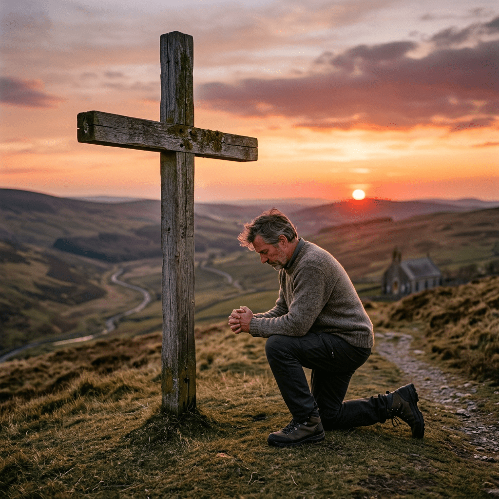 Man kneeling and praying beside a wooden cross on a hill at sunset