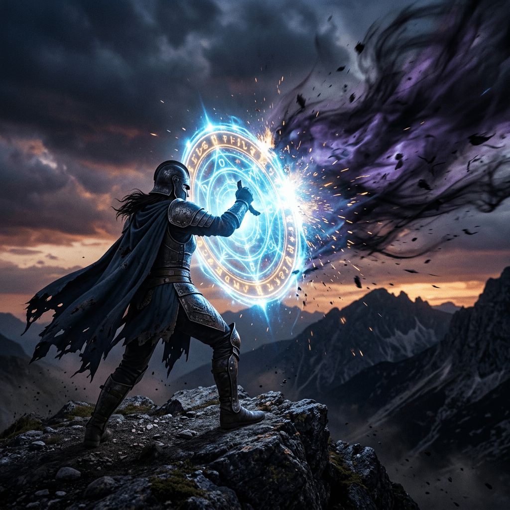 Armored warrior blocking dark magical energy with glowing magical shield on mountain