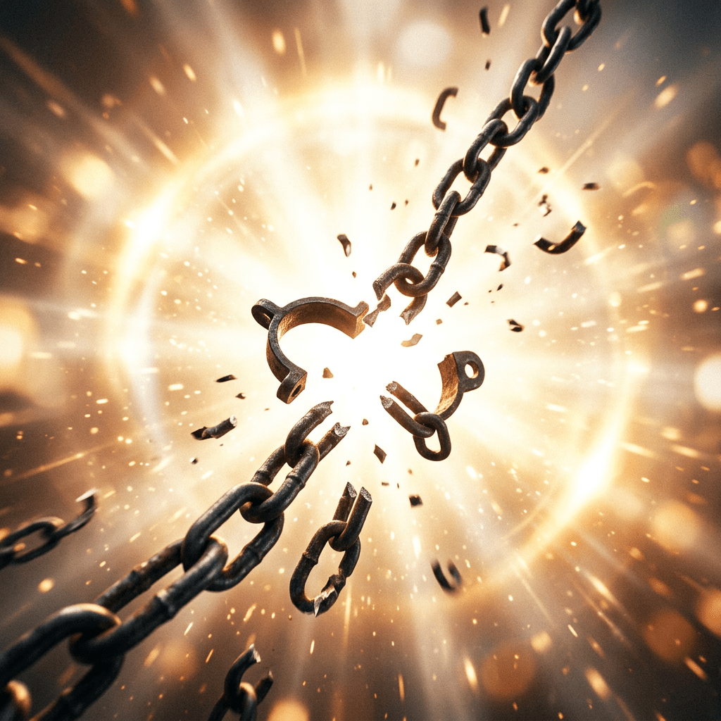 Shattered metal chain breaking with bright explosion behind