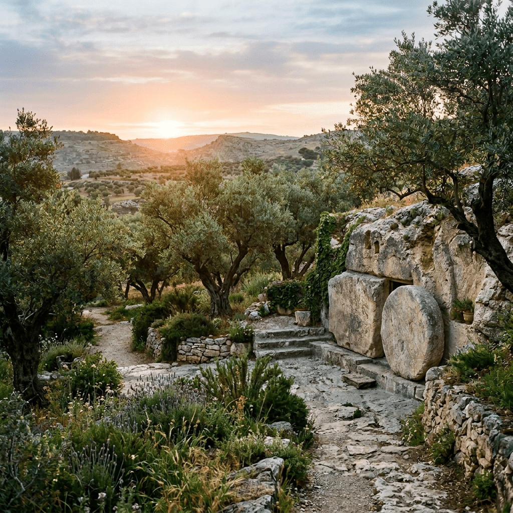 Ancient stone shelter among olive trees overlooking hills at sunset