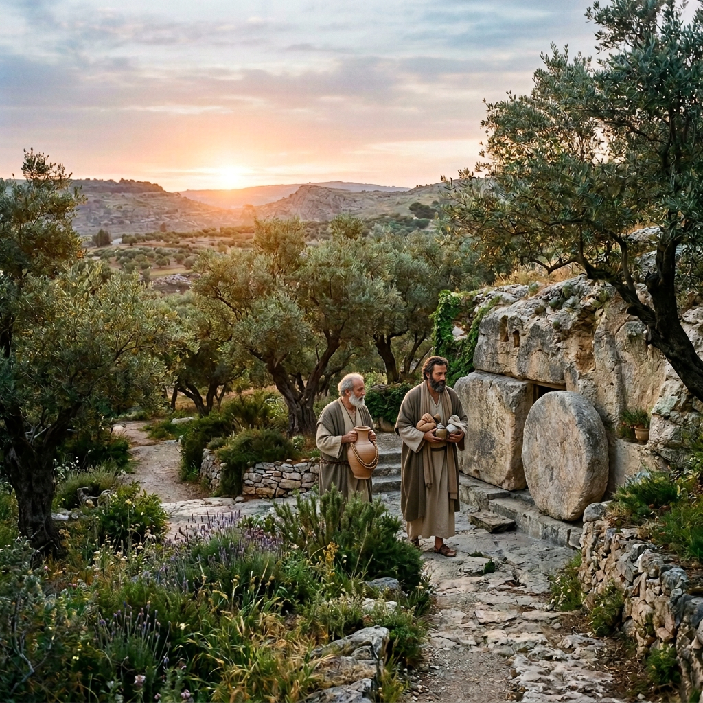Ancient Mediterranean Garden at Sunset Ancient stone shelter among olive trees overlooking hills at sunset