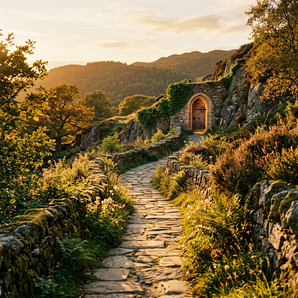 Stone path leading to an ivy-covered doorway in a mountain landscape