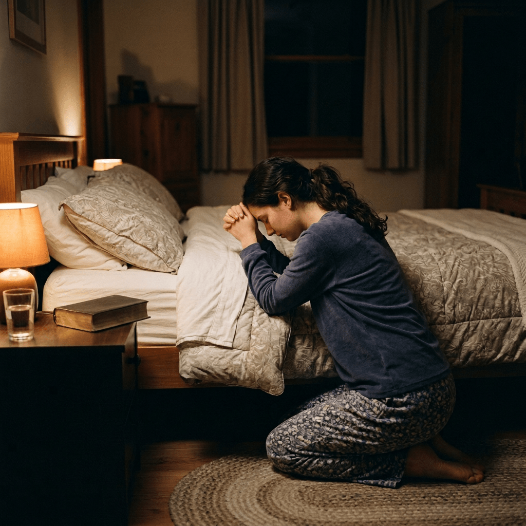 Woman kneeling beside a bed with clasped hands in a warmly lit bedroom