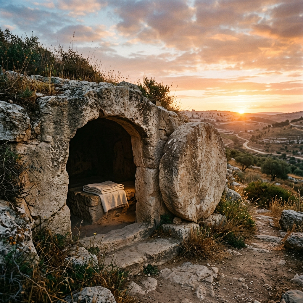 Rock-cut stone tomb with folded cloth overlooking a sunset valley