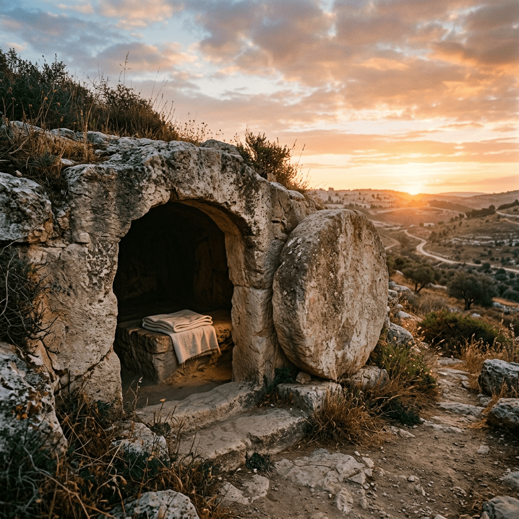 Rock-cut stone tomb with folded cloth overlooking a sunset valley