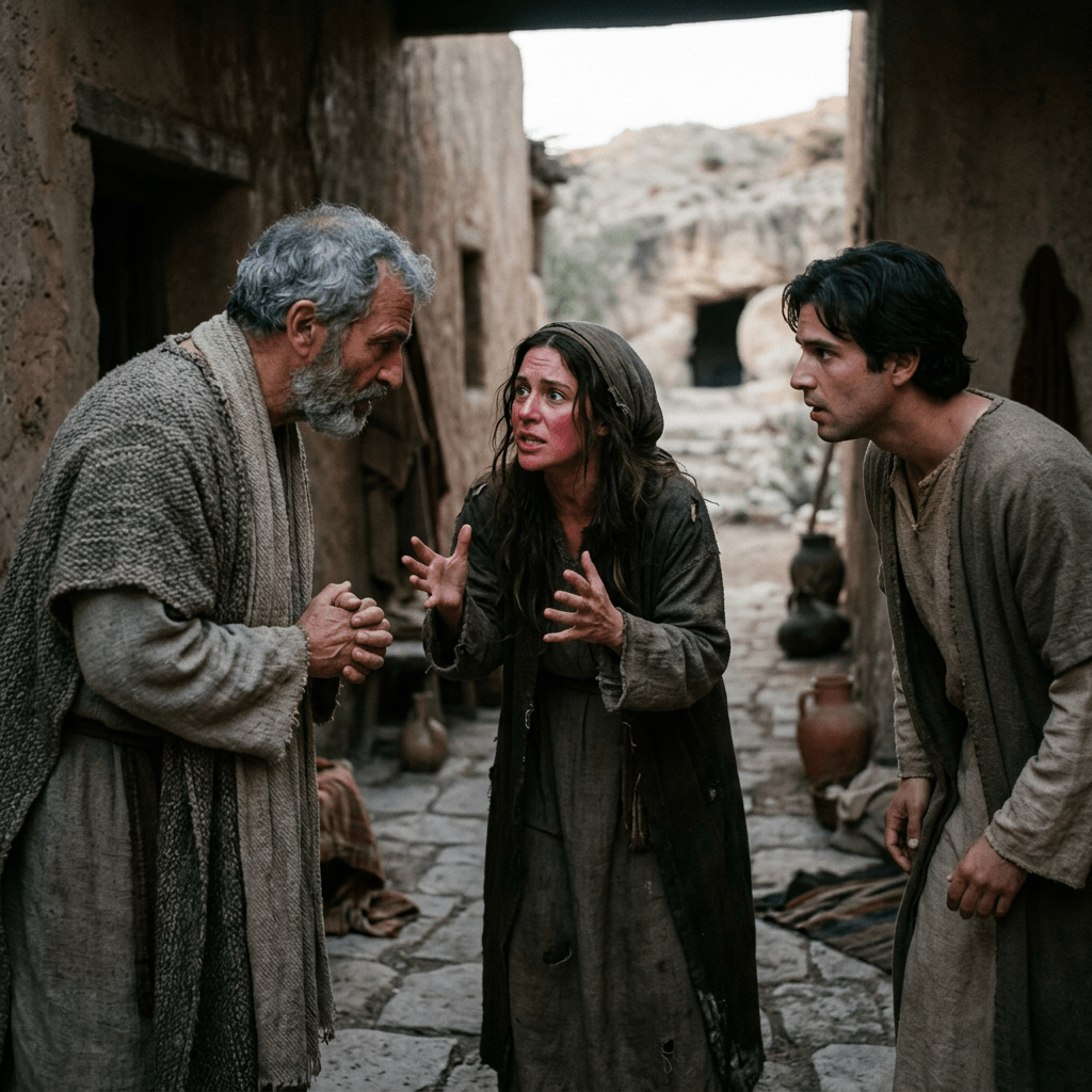 Three villagers having an urgent conversation in an ancient stone village