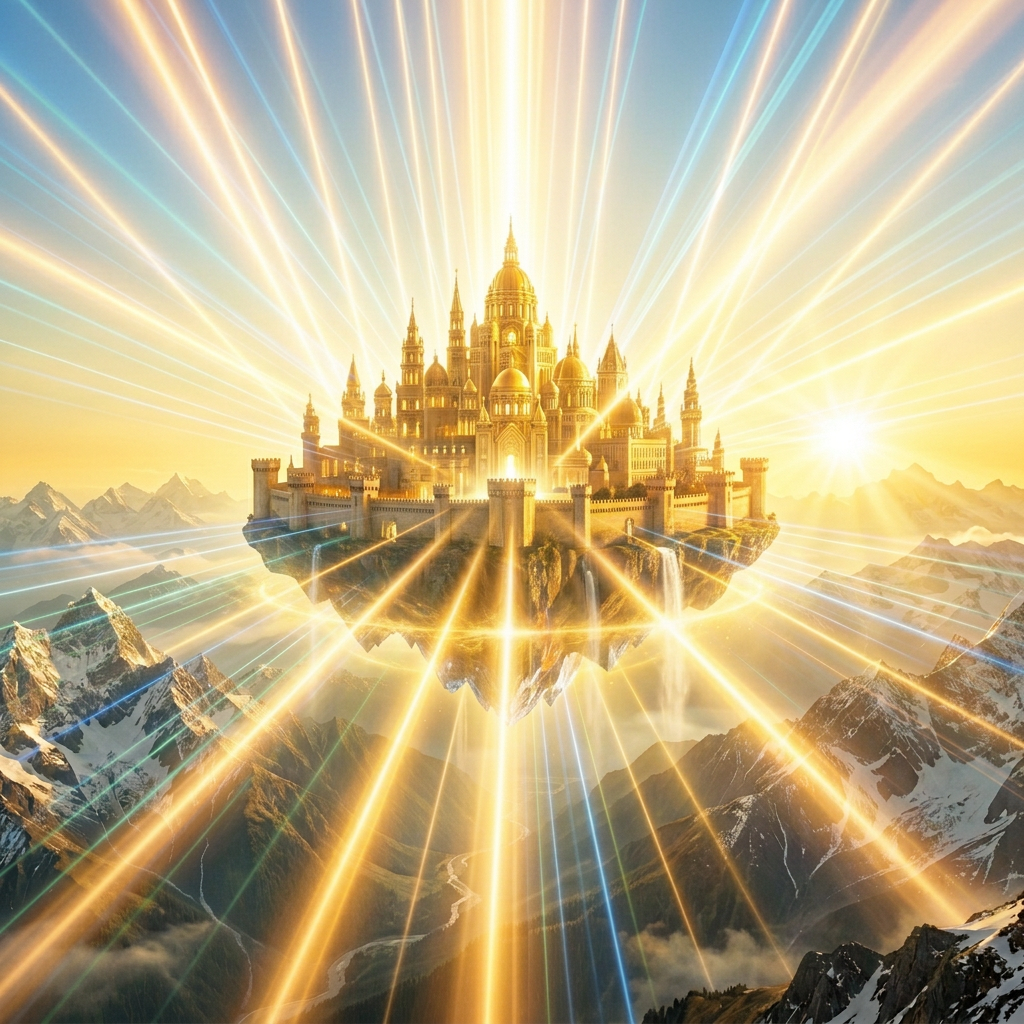 Radiant floating castle above snowy mountains and a winding valley