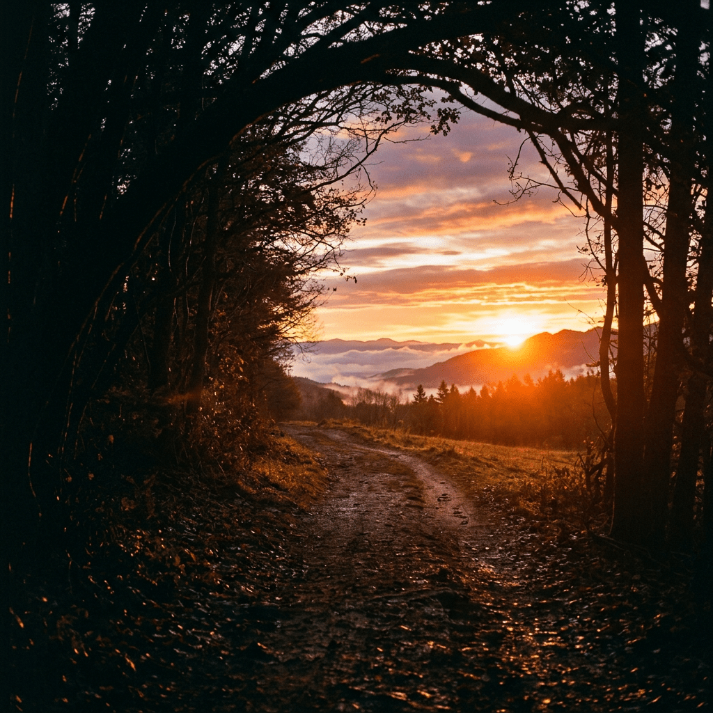 Dirt path through trees leading toward a sunset over mountains