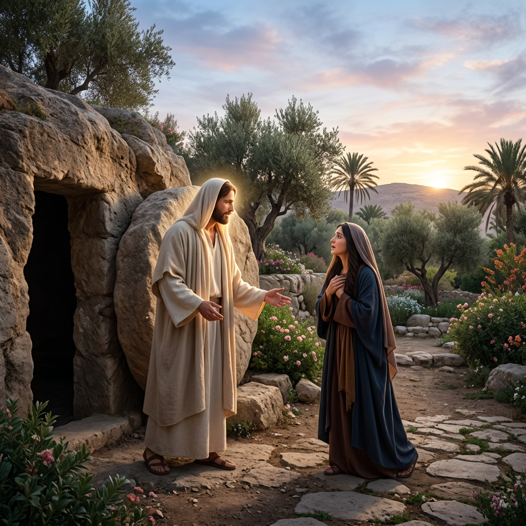 A robed man and woman standing beside a rocky tomb at sunrise