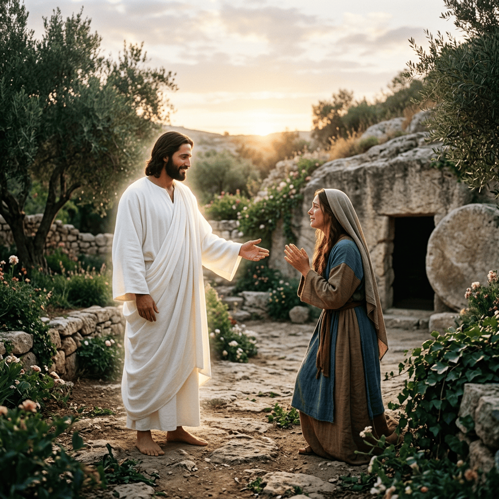 Jesus calls Mary at dawn garden tomb, radiant white robe