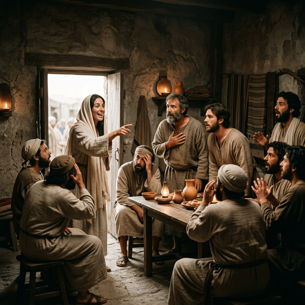 Woman gestures while villagers react around a table inside a rustic home