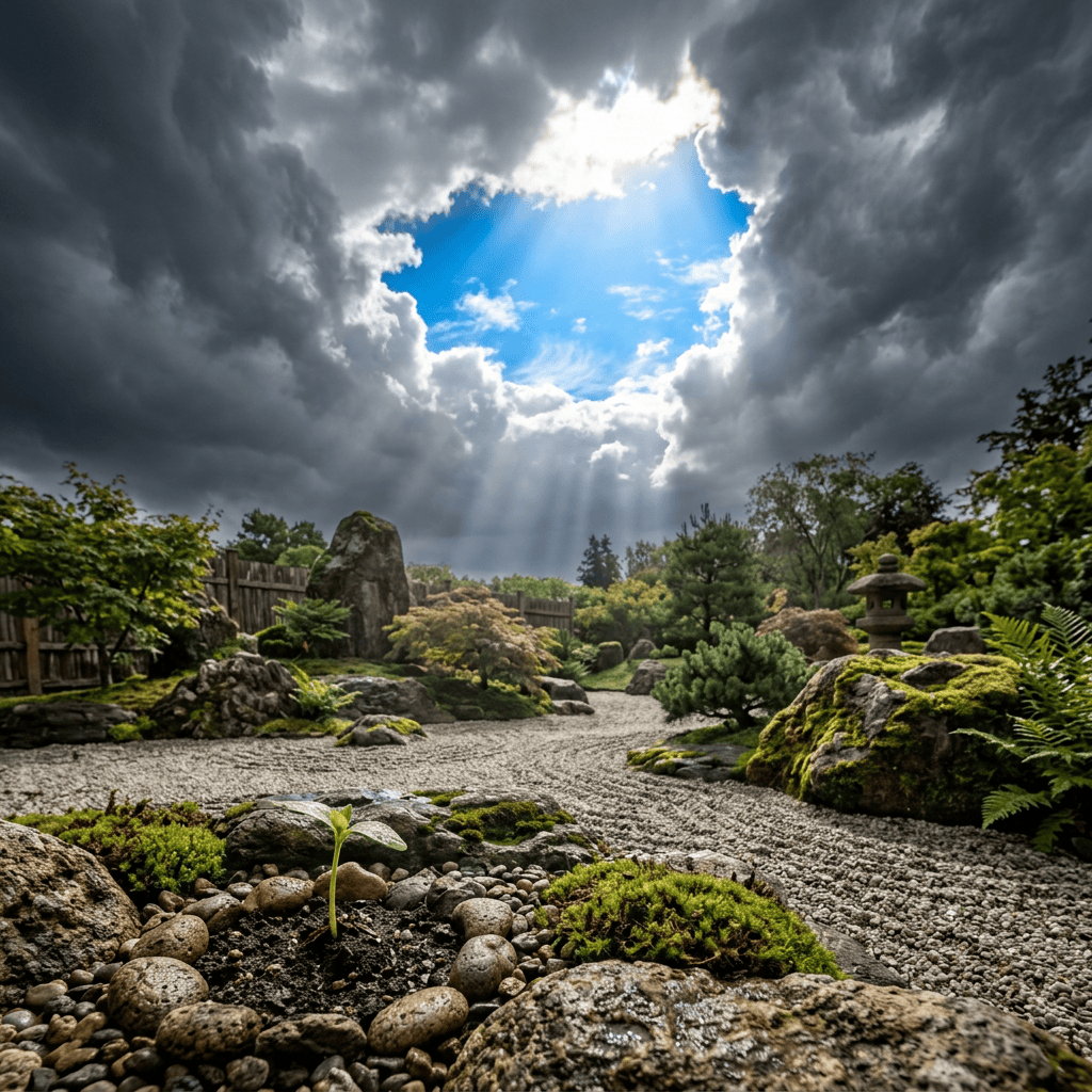 Japanese rock garden with mossy stones beneath sunlit storm clouds
