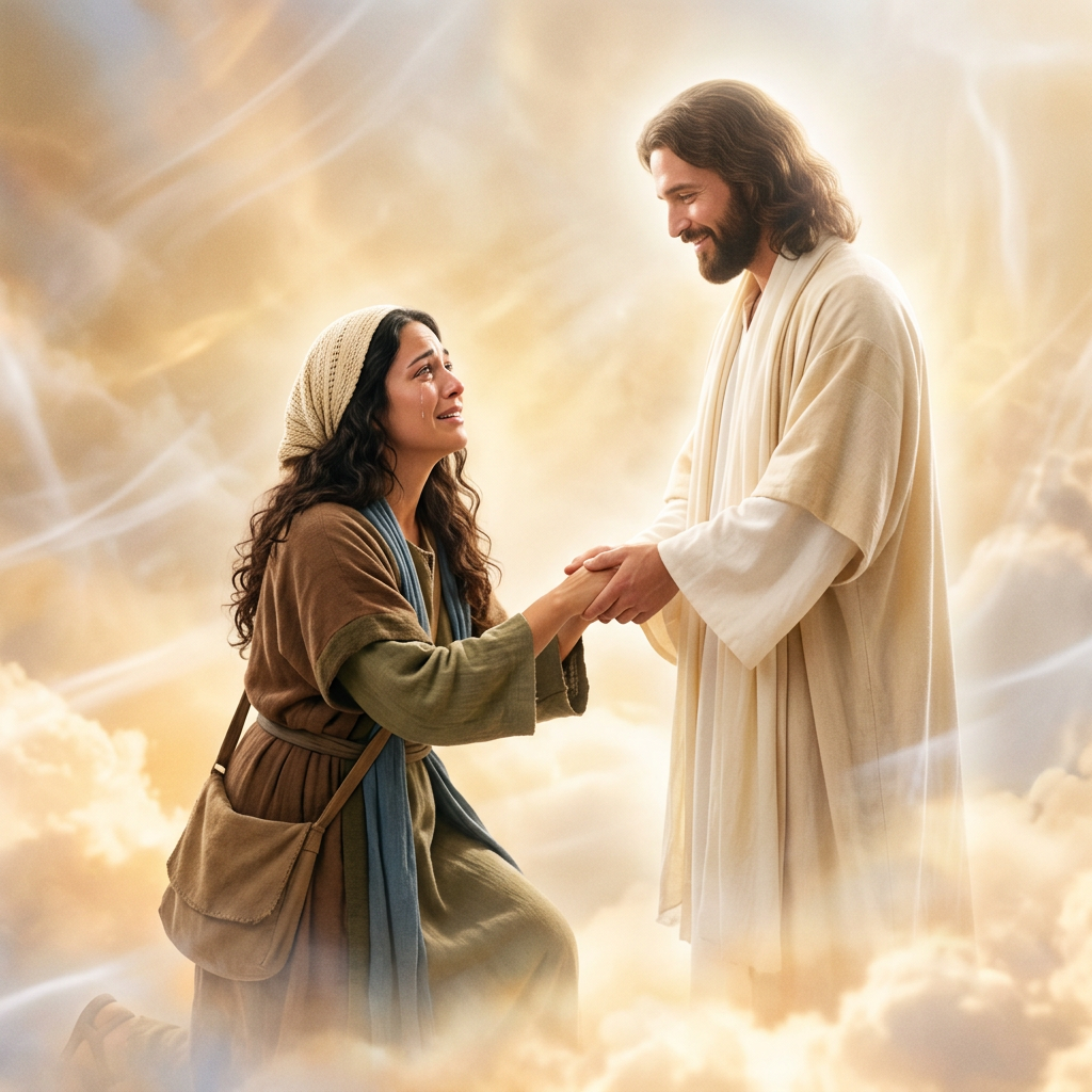 Kneeling woman holding Jesus’s hands amid glowing clouds