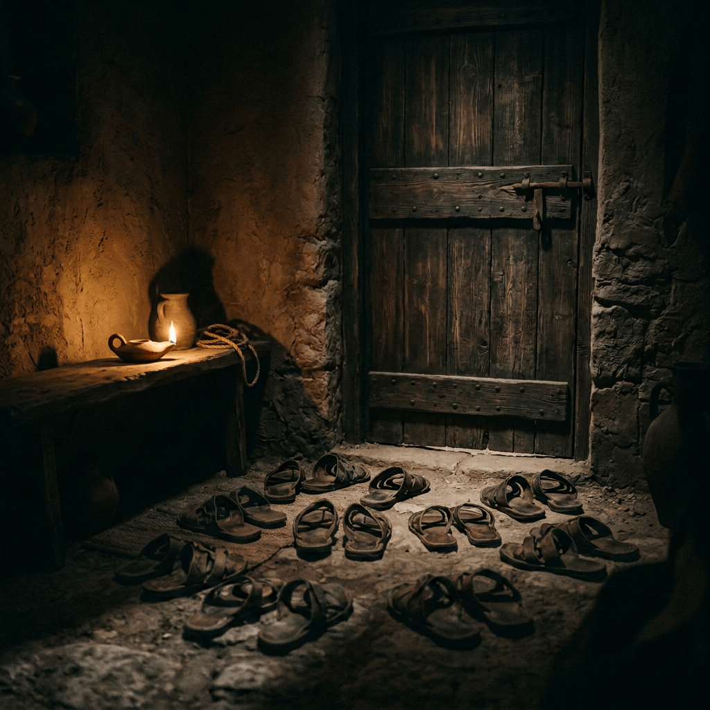 Candlelit wooden door with sandals and pottery in a rustic stone room