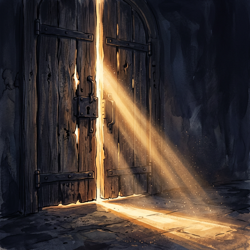 A locked wooden door slightly open, releasing golden light into a dark stone room
