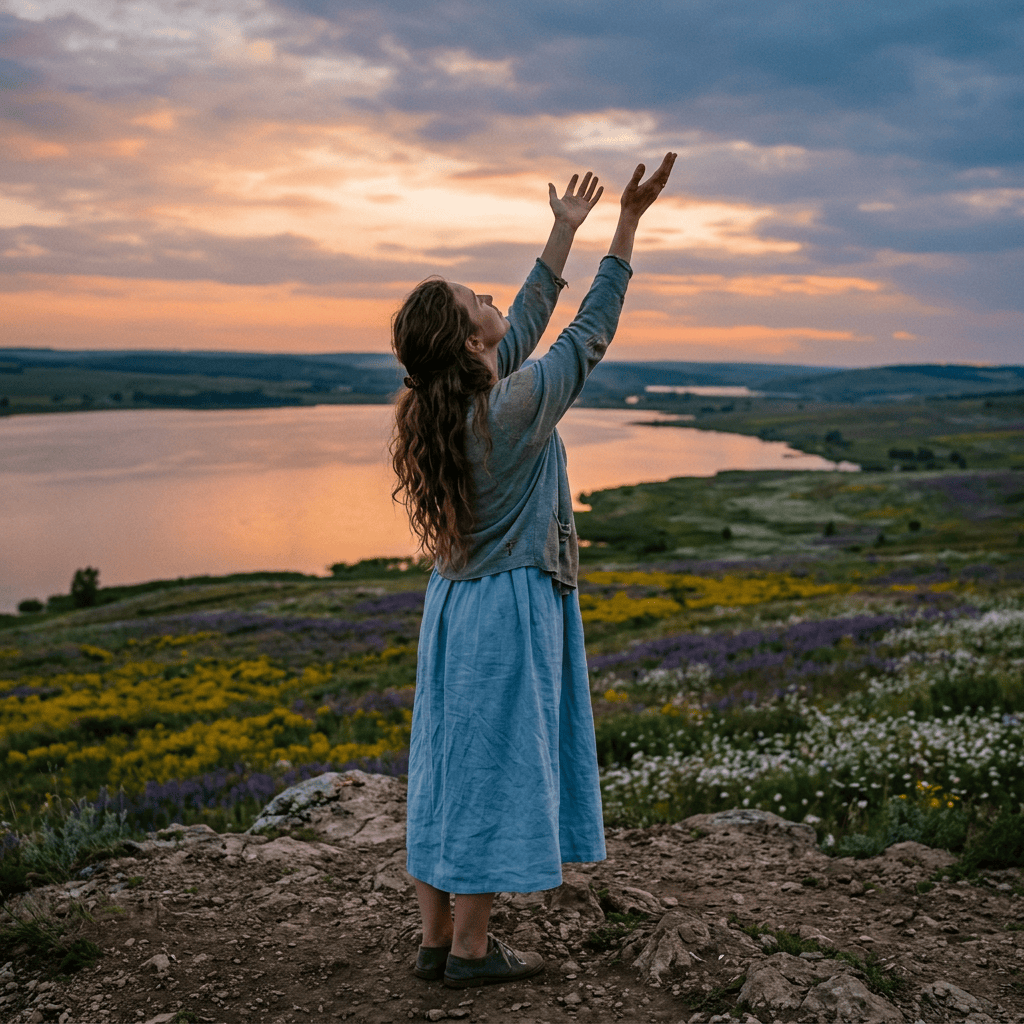 Woman raising her arms toward sunset above a lake and flower-covered hills