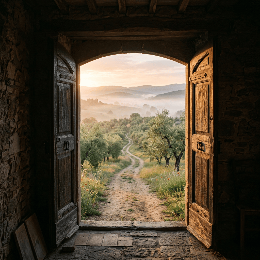 Open wooden doors reveal a winding path through a misty countryside